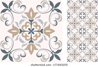 Seamless Azulejo tile. Portuguese and Spain decor. Ceramic tile. Vector hand drawn illustration, typical portuguese and spanish tile