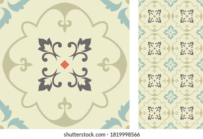 Seamless Azulejo tile. Portuguese and Spain decor. Ceramic tile. Vector hand drawn illustration, typical portuguese and spanish tile