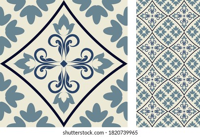 Seamless Azulejo tile. Portuguese and Spain decor. Ceramic tile. Vector hand drawn illustration, typical portuguese and spanish tile