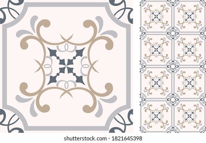 Seamless Azulejo tile. Portuguese and Spain decor. Ceramic tile. Vector hand drawn illustration, typical portuguese and spanish tile