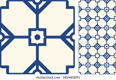 Seamless Azulejo tile. Portuguese and Spain decor. Ceramic tile. Vector hand drawn illustration, typical portuguese and spanish tile