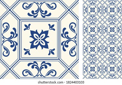 Seamless Azulejo tile. Portuguese and Spain decor. Ceramic tile. Vector hand drawn illustration, typical portuguese and spanish tile