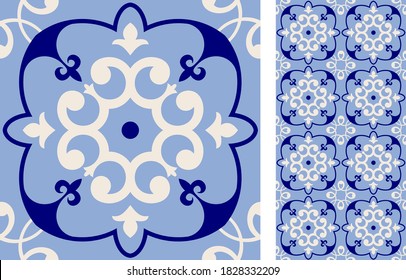 Seamless Azulejo Tile. Portuguese And Spain Decor. Ceramic Tile. Vector Hand Drawn Illustration, Typical Portuguese And Spanish Tile