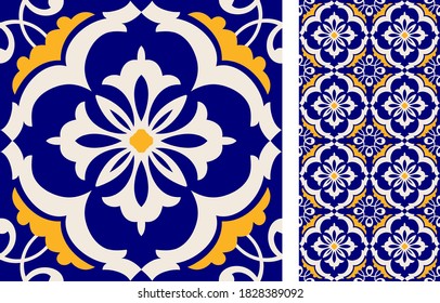 Seamless Azulejo tile. Portuguese and Spain decor. Ceramic tile. Vector hand drawn illustration, typical portuguese and spanish tile