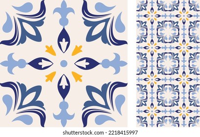 Seamless Azulejo tile. Portuguese and Spain decor. Ceramic tile. Vector hand drawn illustration, typical portuguese and spanish tile