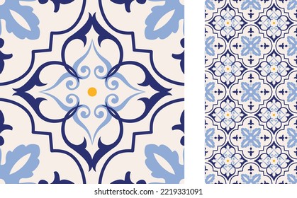 Baldosa de Azulejo sin inconveniente. Decoración portuguesa y española. Baldosa cerámica. Patrón floral sin foco. Ilustración de vectores dibujada a mano, azulejo típico portugués y español