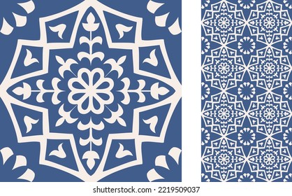 Seamless Azulejo tile. Portuguese and Spain decor. Ceramic tile. Seamless Floral pattern. Vector hand drawn illustration, typical portuguese and spanish tile