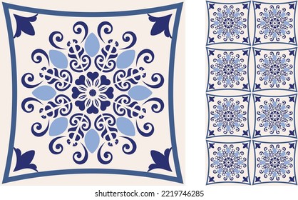 Seamless Azulejo tile. Portuguese and Spain decor. Ceramic tile. Seamless Floral pattern. Vector hand drawn illustration, typical portuguese and spanish tile