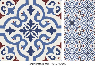 Seamless Azulejo tile. Portuguese and Spain decor. Ceramic tile. Seamless Floral pattern. Vector hand drawn illustration, typical portuguese and spanish tile