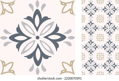 Seamless Azulejo tile. Portuguese and Spain decor. Ceramic tile. Seamless Floral pattern. Vector hand drawn illustration, typical portuguese and spanish tile