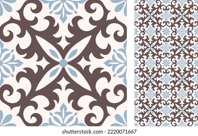 Seamless Azulejo tile. Portuguese and Spain decor. Ceramic tile. Seamless Floral pattern. Vector hand drawn illustration, typical portuguese and spanish tile