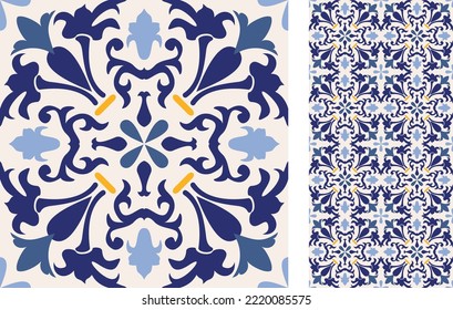 Seamless Azulejo tile. Portuguese and Spain decor. Ceramic tile. Seamless Floral pattern. Vector hand drawn illustration, typical portuguese and spanish tile