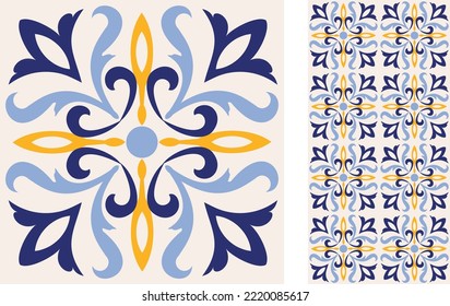 Seamless Azulejo tile. Portuguese and Spain decor. Ceramic tile. Seamless Floral pattern. Vector hand drawn illustration, typical portuguese and spanish tile