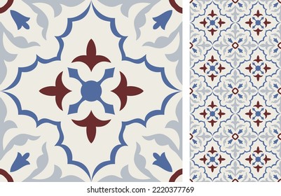 Seamless Azulejo tile. Portuguese and Spain decor. Ceramic tile. Seamless Floral pattern. Vector hand drawn illustration, typical portuguese and spanish tile