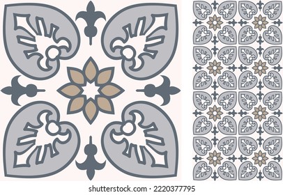 Seamless Azulejo tile. Portuguese and Spain decor. Ceramic tile. Seamless Floral pattern. Vector hand drawn illustration, typical portuguese and spanish tile