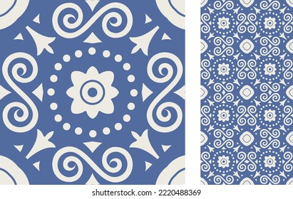 Seamless Azulejo tile. Portuguese and Spain decor. Ceramic tile. Seamless Floral pattern. Vector hand drawn illustration, typical portuguese and spanish tile