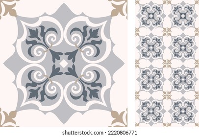 Seamless Azulejo tile. Portuguese and Spain decor. Ceramic tile. Seamless Floral pattern. Vector hand drawn illustration, typical portuguese and spanish tile