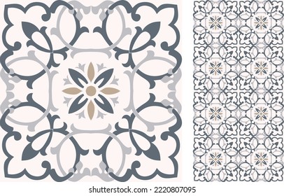 Seamless Azulejo tile. Portuguese and Spain decor. Ceramic tile. Seamless Floral pattern. Vector hand drawn illustration, typical portuguese and spanish tile