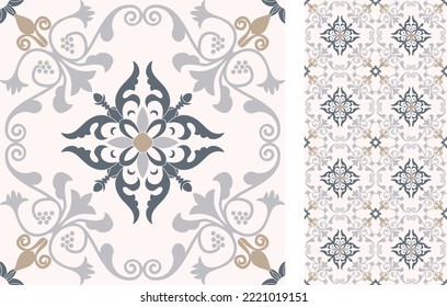 Seamless Azulejo tile. Portuguese and Spain decor. Ceramic tile. Seamless Floral pattern. Vector hand drawn illustration, typical portuguese and spanish tile