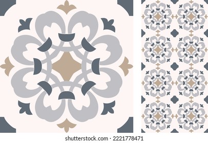 Seamless Azulejo tile. Portuguese and Spain decor. Ceramic tile. Seamless Floral pattern. Vector hand drawn illustration, typical portuguese and spanish tile