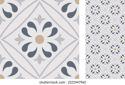 Seamless Azulejo tile. Portuguese and Spain decor. Ceramic tile. Seamless Floral pattern. Vector hand drawn illustration, typical portuguese and spanish tile