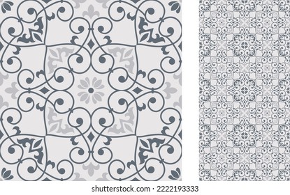 Seamless Azulejo tile. Portuguese and Spain decor. Ceramic tile. Seamless Floral pattern. Vector hand drawn illustration, typical portuguese and spanish tile