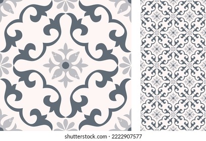 Seamless Azulejo tile. Portuguese and Spain decor. Ceramic tile. Seamless Floral pattern. Vector hand drawn illustration, typical portuguese and spanish tile