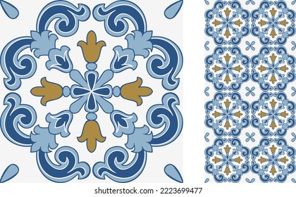 Seamless Azulejo tile. Portuguese and Spain decor. Ceramic tile. Seamless Floral pattern. Vector hand drawn illustration, typical portuguese and spanish tile