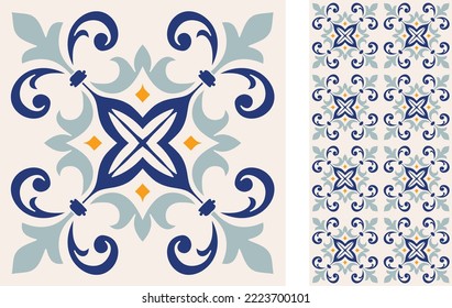 Baldosa de Azulejo sin inconveniente. Decoración portuguesa y española. Baldosa cerámica. Patrón floral sin foco. Ilustración de vectores dibujada a mano, azulejo típico portugués y español