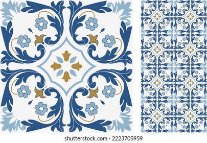 Seamless Azulejo tile. Portuguese and Spain decor. Ceramic tile. Seamless Floral pattern. Vector hand drawn illustration, typical portuguese and spanish tile