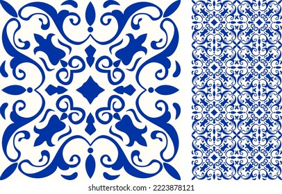 Seamless Azulejo tile. Portuguese and Spain decor. Ceramic tile with Victorian motives. Seamless Floral pattern. Vector hand drawn illustration, typical portuguese and spanish tile