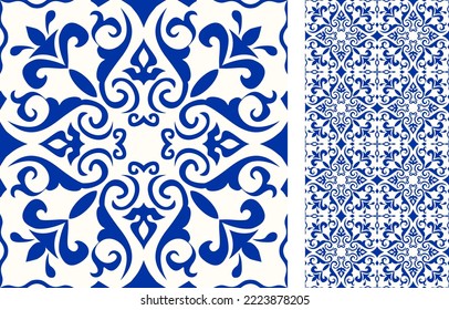 Azulejo-Kachel ohne Muschel. Portugiesisch-spanische Dekoration. Keramikfliese mit viktorianischen Motiven. Nahtlose Blumenmuster. handgezeichnete Vektorgrafik, typisch portugiesisch-spanische Kachel