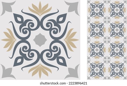 Seamless Azulejo tile. Portuguese and Spain decor. Ceramic tile. Seamless Floral pattern. Vector hand drawn illustration, typical portuguese and spanish tile