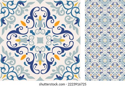 Seamless Azulejo tile. Portuguese and Spain decor. Ceramic tile. Seamless Floral pattern. Vector hand drawn illustration, typical portuguese and spanish tile