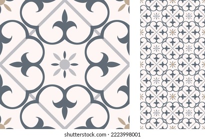 Seamless Azulejo tile. Portuguese and Spain decor. Ceramic tile. Seamless Floral pattern. Vector hand drawn illustration, typical portuguese and spanish tile