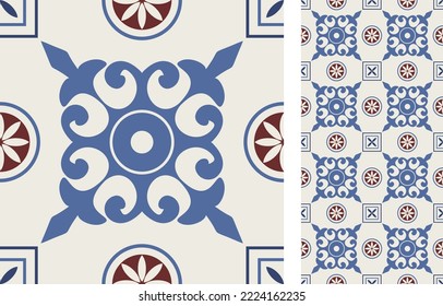 Seamless Azulejo tile. Portuguese and Spain decor. Ceramic tile. Seamless Floral pattern. Vector hand drawn illustration, typical portuguese and spanish tile