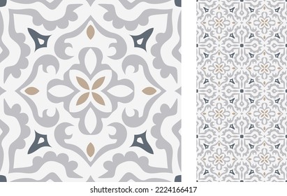 Seamless Azulejo tile. Portuguese and Spain decor. Ceramic tile. Seamless Floral pattern. Vector hand drawn illustration, typical portuguese and spanish tile