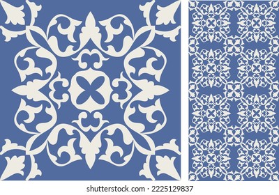 Seamless Azulejo tile. Portuguese and Spain decor. Ceramic tile with Victorian motives. Seamless Floral pattern. Vector hand drawn illustration, typical portuguese and spanish tile