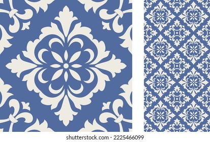 Seamless Azulejo tile. Portuguese and Spain decor. Ceramic tile with Victorian motives. Seamless Floral pattern. Vector hand drawn illustration, typical portuguese and spanish tile
