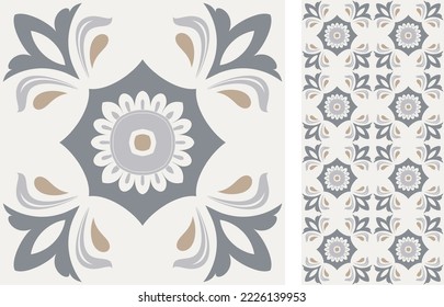 Seamless Azulejo tile. Portuguese and Spain decor. Ceramic tile. Seamless Floral pattern. Vector hand drawn illustration, typical portuguese and spanish tile