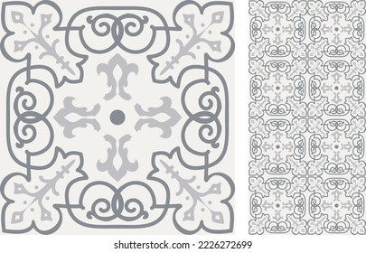 Seamless Azulejo tile. Portuguese and Spain decor. Ceramic tile. Seamless Floral pattern. Vector hand drawn illustration, typical portuguese and spanish tile