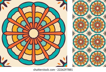 Seamless Azulejo tile. Portuguese and Spain decor. Bright ceramic tile from mandalas. Seamless Floral pattern. Vector hand drawn illustration, typical portuguese and spanish tile