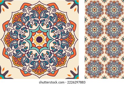 Azulejo-Kachel ohne Muschel. Portugiesisch-spanische Dekoration. Helle Keramikfliese aus Mandalas. Nahtlose Blumenmuster. handgezeichnete Vektorgrafik, typisch portugiesisch-spanische Kachel