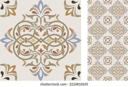 Azulejo-Kachel ohne Muschel. Portugiesisch-spanische Dekoration. Keramikfliese mit viktorianischen Motiven. Nahtlose Blumenmuster. handgezeichnete Vektorgrafik, typisch portugiesisch-spanische Kachel