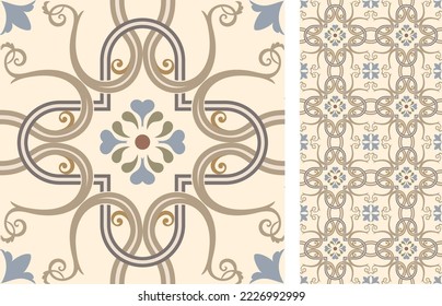 Seamless Azulejo tile. Portuguese and Spain decor. Ceramic tile with Victorian motives. Seamless Floral pattern. Vector hand drawn illustration, typical portuguese and spanish tile