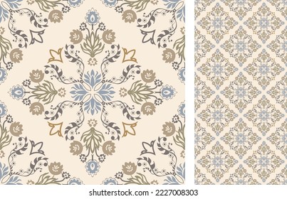 Seamless Azulejo tile. Portuguese and Spain decor. Ceramic tile with Victorian motives. Seamless Floral pattern. Vector hand drawn illustration, typical portuguese and spanish tile