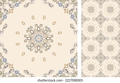 Seamless Azulejo tile. Portuguese and Spain decor. Ceramic tile with Victorian motives. Seamless Floral pattern. Vector hand drawn illustration, typical portuguese and spanish tile