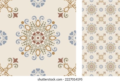 Seamless Azulejo tile. Portuguese and Spain decor. Ceramic tile with Victorian motives. Seamless Floral pattern. Vector hand drawn illustration, typical portuguese and spanish tile