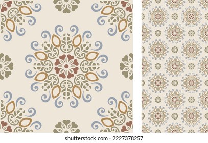 Seamless Azulejo tile. Portuguese and Spain decor. Ceramic tile with mandalas. Seamless Floral pattern. Vector hand drawn illustration, typical portuguese and spanish tile