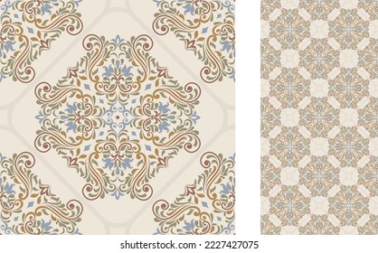 Seamless Azulejo tile. Portuguese and Spain decor. Ceramic tile with Victorian motives. Seamless Floral pattern. Vector hand drawn illustration, typical portuguese and spanish tile